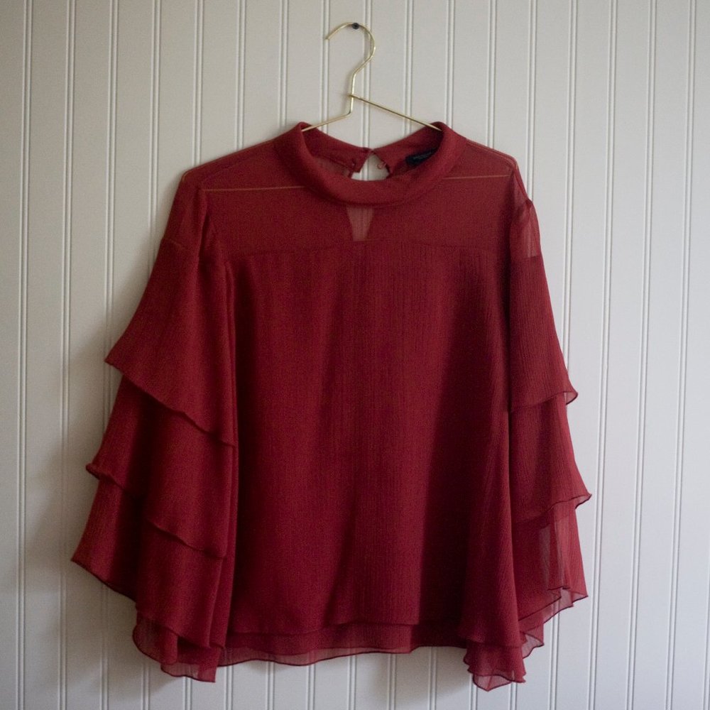 Ann Taylor shirt blouse long sleeve flowy ruffles sheer Large NWOT